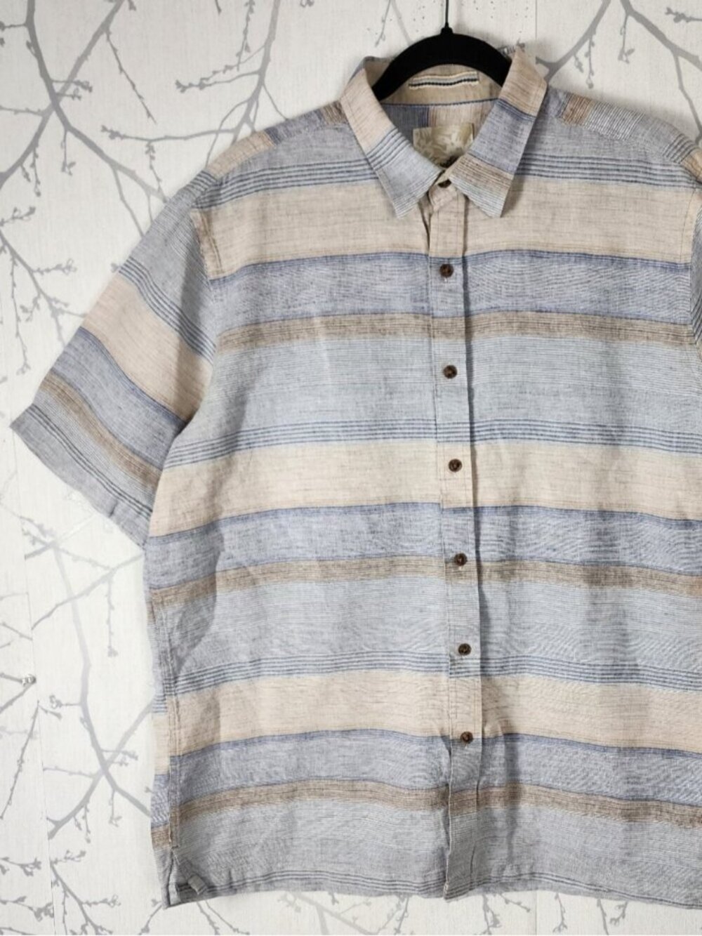 Tasso Elba Blue Colorblock Stripe Linen Cotton Blend Shirt
